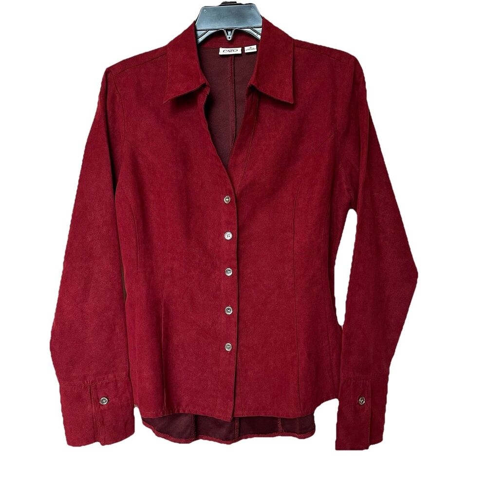Cato Top Womens Med Burgundy Long Sleeve Button Up Faux Suede Tailored Career